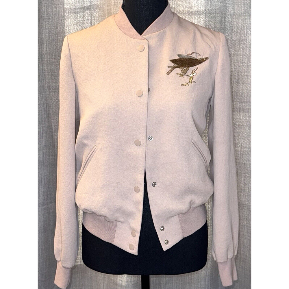 ARITZIA Wilfred Women’s XS Poussin Snap Bomber Jacket Embroidered Birds Blush
